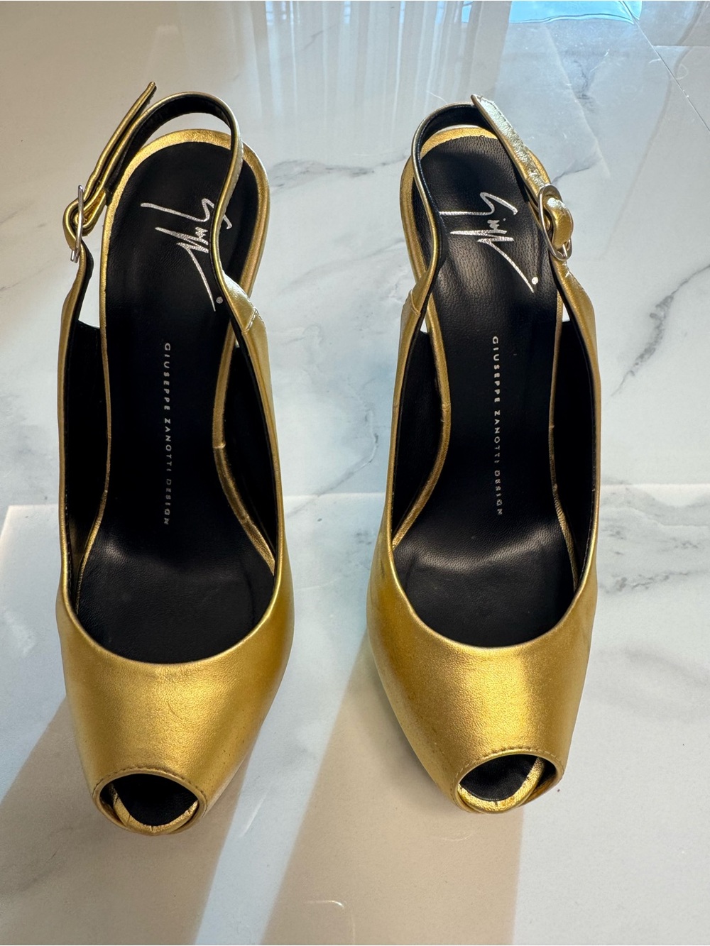 Giuseppe Zanotti Metallic Gold Peep-Toe Slingback Platform Pumps